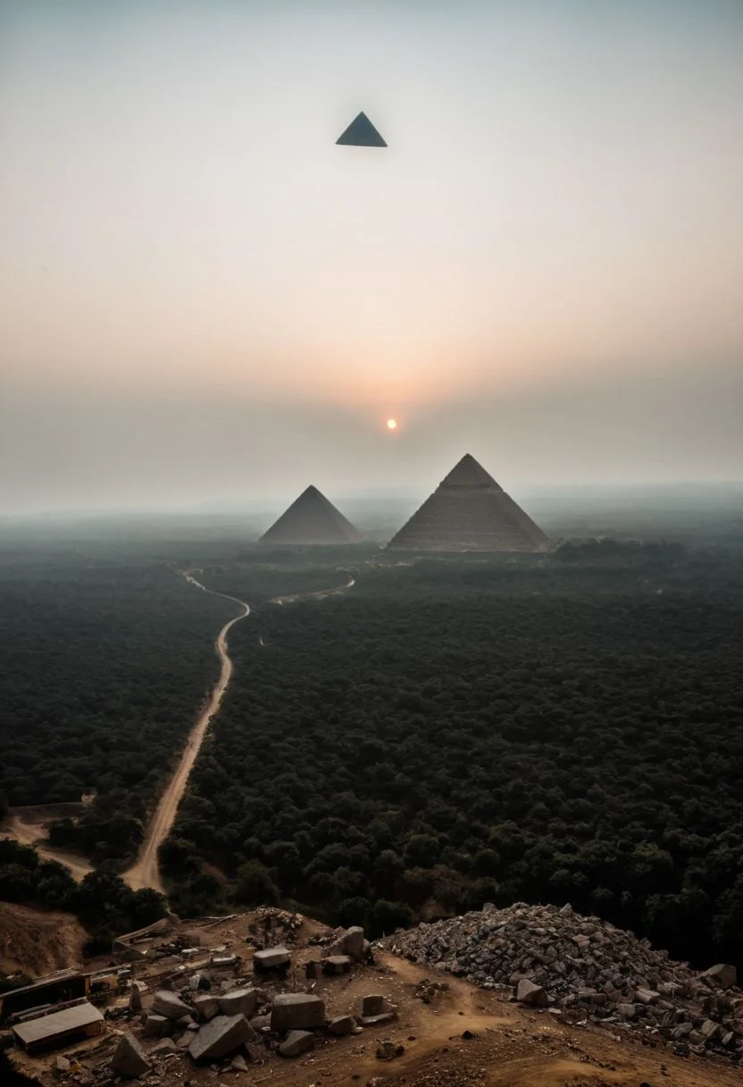 Create an impressive photo of modern-day pyramids under construction. A large, hovering alien mothership is suspended above the half-built pyramids, using a transporter beam to move massive stones to the new White marble structure. The scene should evoke a sense of awe and futuristic wonder, combining ancient architectural grandeur with advanced extraterrestrial technology.
deep Blacks, very detailed, atmospheric haze, Film grain, cinematic film still, shallow depth of field, highly detailed, high budget, cinemascope, moody, epic, OverallDetail, 2000s vintage RAW photo, photorealistic, candid camera, color graded cinematic, eye catchlights, atmospheric lighting, imperfections, natural, shallow dof