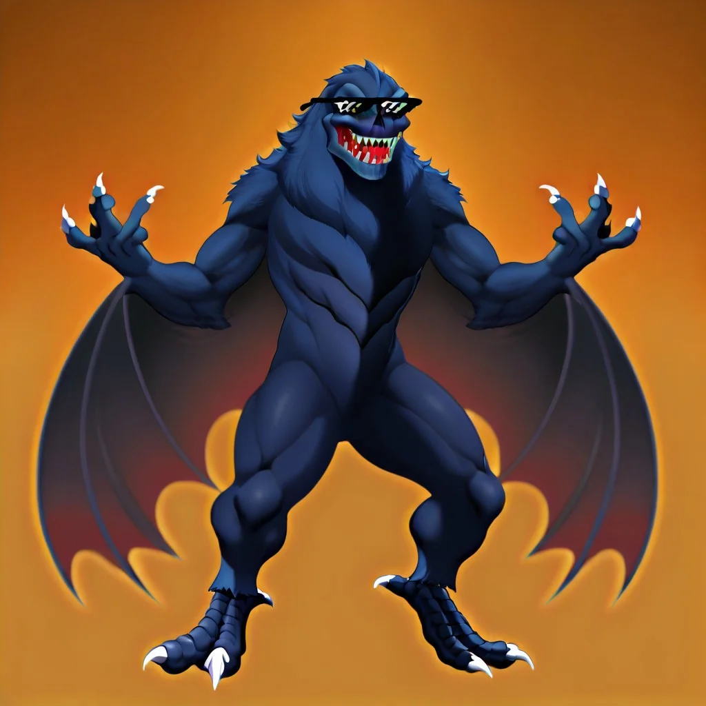 Solomon,  kaiju, demonic kaiju, no humans, humanoid, skull face, monster, dark blue fur, dark blue skin, glowing red eyes, sharp teeth, humanoid arms, sharp claws, white claws, bat wings coming out of his arms, 4-fingered hands, bird feet with 2 fingers,, mlg_glasses, sunglasses, solo,