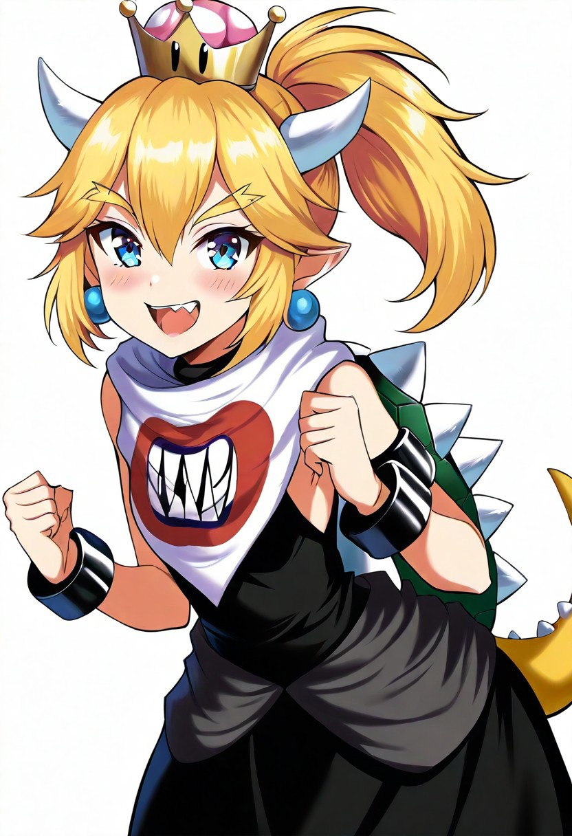 Masterpiece, High quality, anime style, solo, 1girl, single, Oc, adult, tall, perfect face, perfect eyes, perfect body, perfect arms, perfect hands, perfect hair, bowsettejr, scarf, smiling, open close, show sharp teeth smile, dynamic pose, hortstack, masterpiece, high quality, Black Dress, sleeveless, teeth, fang, tail, spike shell, black metal braclets(ultra-detailed)), ((best quality)), ((beautiful eyes)), ((extremely detailed)), 4K, (8K), best quality, (beautiful), Master piece, highres, best quality, official art, highres, masterpiece, 
Standing, arms out, hands holding on to Rails, bend forward, side upper view, ((side view)) looking forward, fully body view