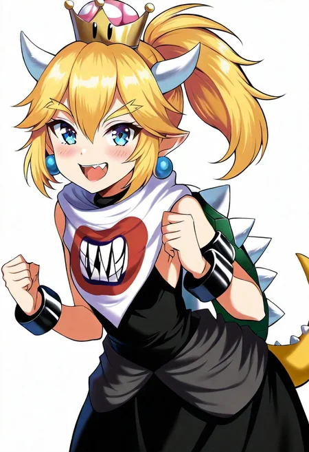Masterpiece, High quality, anime style, solo, 1girl, single, Oc, adult, tall, perfect face, perfect eyes, perfect body, perfect arms, perfect hands, perfect hair, bowsettejr, scarf, smiling, open close, show sharp teeth smile, dynamic pose, hortstack, masterpiece, high quality, Black Dress, sleeveless, teeth, fang, tail, spike shell, black metal braclets(ultra-detailed)), ((best quality)), ((beautiful eyes)), ((extremely detailed)), 4K, (8K), best quality, (beautiful), Master piece, highres, best quality, official art, highres, masterpiece, 
Standing, arms out, hands holding on to Rails, bend forward, side upper view, ((side view)) looking forward, fully body view