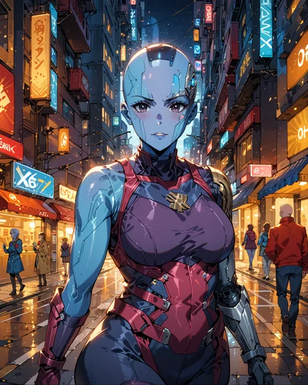 score_9, score_8_up, score_7_up, score_6_up, source_anime, rating_safe, ah1, 1girl, looking at viewer, (curvy), skindentation, thick thighs, wide hips, busty, voluptuous, lips, bad-hands-5, (Leaning on a railing), (in city sidewalk, pedestrians walking or standing waiting to cross the street), <lora:venus body PonyXL:0.8>, <lora:xl_more_art-full_v1:0.4>, <lora:shinyskin2:0.3> glistening skin, <lora:aesthetic_anime_v1s:0.4>, <lora:Expressive_H:0.4> Expressiveh, <lora:EpicF4nta5yXL:0.4>, <lora:detailxl:0.4> detailxl, <lora:Fant5yP0ny:0.4>, best quality, amazing quality, best aesthetic, absurdres, <lora:expressive eyes:0.4> expressive eyes, (Bokeh Effect shot), <lora:eyedetailpxl:0.4> eyedetailpxl, illustration, Volumetric_Lighting, ultra-detailed, very aesthetic, intricate details, 8k, masterpiece, best_quality, <lora:NebulaPony:0.8> NEBULA, Vol3, marvel cinematic universe, guardians of the galaxy, ((((bald girl), black eyes, blue skin, colored skin))), cyborg, facial mark, mechanical arms, single mechanical arm,