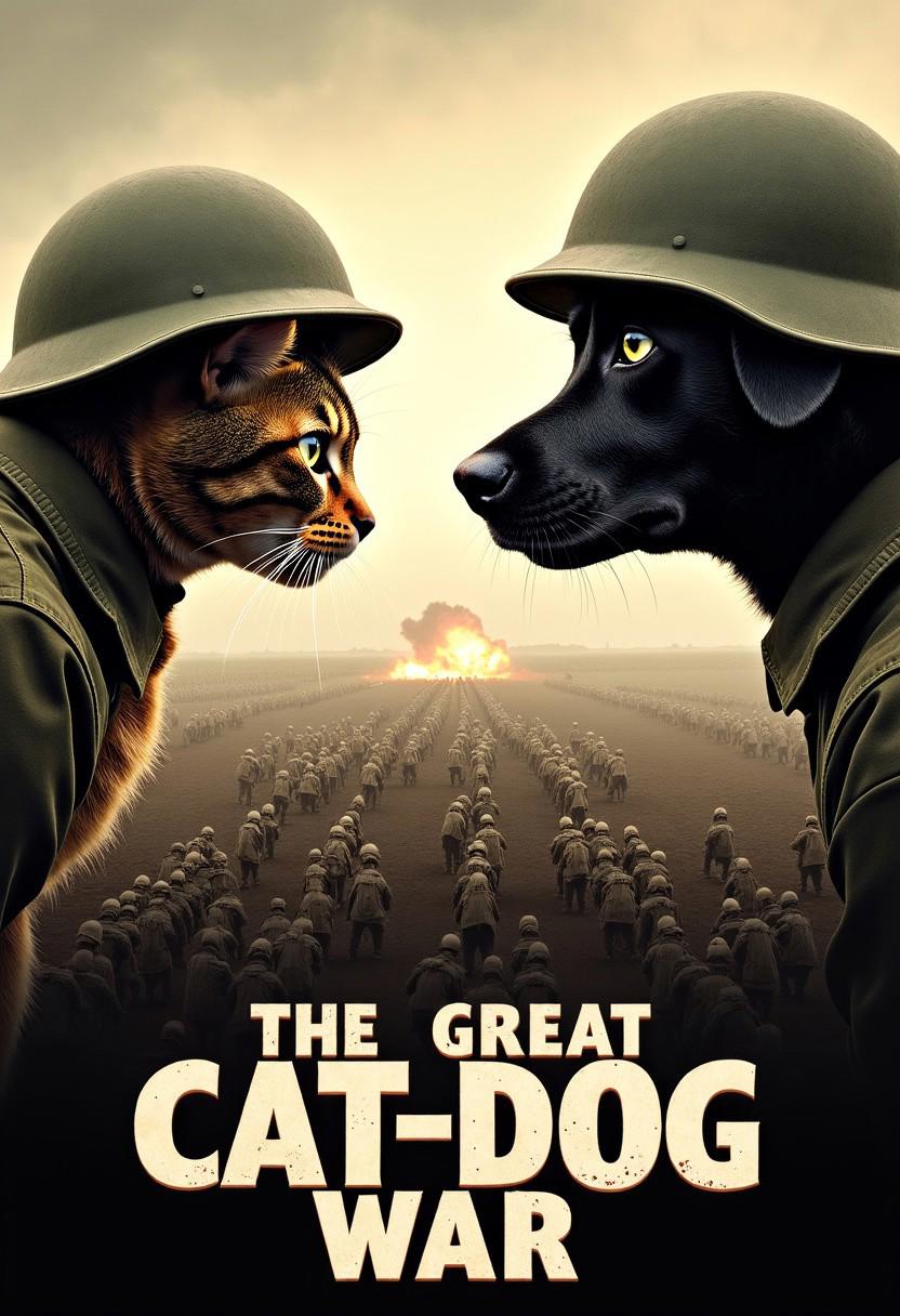 Epic WWII-style movie poster for 'The Great Cat-Dog War'. Foreground: close-up of a stern cat and determined dog facing off, wearing military helmets. Background: two armies (cats vs dogs) in trenches, separated by no man's land with barbed wire. Muted, weathered colors reminiscent of vintage war posters. Smoky atmosphere, distant explosions. Propaganda-style text reads 'THE GREAT CAT-DOG WAR' in bold, distressed font. Anthropomorphized animals in period military uniforms. Tension palpable, battle imminent.