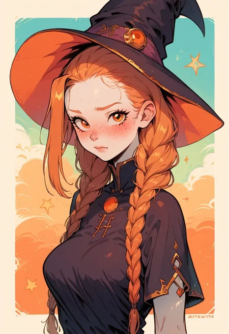 score_9, score_8_up, score_7_up, score_6_up, score_5_up, score_4_up,
best quality, highly detailed, intricate details, extremely detailed, smooth lines,
...
1woman, (white skin), (orange eyes), (hourglass body),
medium breasts, (long hair), (ginger), (freckles), cute face, blushed, (braids),
...
closed mouth, (black clothes), (witch clothes), (intrincate clothes), classic fantasy, (upper body), (looking at viewer), standing,
ashamed face, blushed,
...
abstract background,