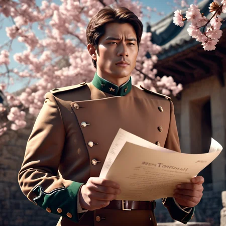 (masterpiece), (extremely intricate:1.2), (realistic), photo of a beautiful man, (brown tatenokai567:1.0), outdoors, intense sunlight, Japanese castle, professional photograph of a stunning man holding [scroll], sakura petals,detailed, sharp focus, dramatic, award winning, cinematic lighting, octane render unreal engine,military, volumetrics dtx,,<lora:ShieldLoraXL-000009:1.1>