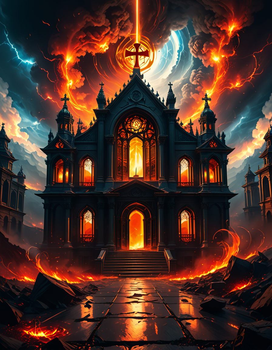 A once-majestic celestial temple, now under siege by the forces of Hell. The grand white stone structure is cracked and scorched, its golden crosses twisted and broken. The stained-glass windows, once glowing with warm divine light, are now shattered, with demonic symbols glowing ominously in their place. The sky, once a serene blue, is now consumed by dark storm clouds, swirling with red lightning and thick smoke.
Black, jagged chains extend from the sky, wrapping around the temple as if trying to pull it down into the abyss. The once-fluffy clouds beneath the structure are now a chaotic mix of fire, ash, and dark mist, with glimpses of molten lava cracks below. Infernal creatures with glowing red eyes lurk in the shadows, their silhouettes barely visible through the smoke and fire.
The temple doors are blown open, revealing an eerie red glow emanating from within, as if Hell itself is consuming the sacred space. Massive demonic runes are etched into the stone, pulsating with an unholy energy. The entire scene is bathed in a deep crimson and orange glow, giving it an apocalyptic and nightmarish atmosphere.
Style & Lighting:
- Dark fantasy, highly detailed
- Dramatic, high-contrast lighting with fiery glows
- Cinematic composition, epic scale
- Strong use of shadows, embers, and atmospheric foghighly detailed and atmospheric view from inside a massive birdcage, large enough for a human to stand inside. The cage is made of ornate, aged metal bars with intricate Victorian-style patterns, curving elegantly towards the domed ceiling. Sunlight filters through the gaps between the bars, casting long, dramatic shadows on the wooden floor. Delicate vines and small flowers have begun to grow around the bars, adding a touch of nature reclaiming the space. The background beyond the cage is blurred, hinting at a lush garden or a mysterious, abandoned mansion. The ambiance is serene yet slightly melancholic, with warm golden light illuminating dust particles floating in the air. Soft feathers are scattered on the floor, adding to the sense of quiet abandonment. The perspective makes the viewer feel as if they are inside the cage, looking outward, surrounded by both beauty and confinement. The style is highly detailed and realistic, with a cinematic and slightly surreal atmosphere.
<lora:SDXLFaeTastic2400:0.4> <lora:extremely_detailed:0.4> extremely detailed,evil celestial t3mpl3, <lora:evil_celestial_t3mpl3-p:1>, Masterpiece,best quality,hi res,8k,hi res,8k,award winning,(sharp focus, intricate, highly detailed),