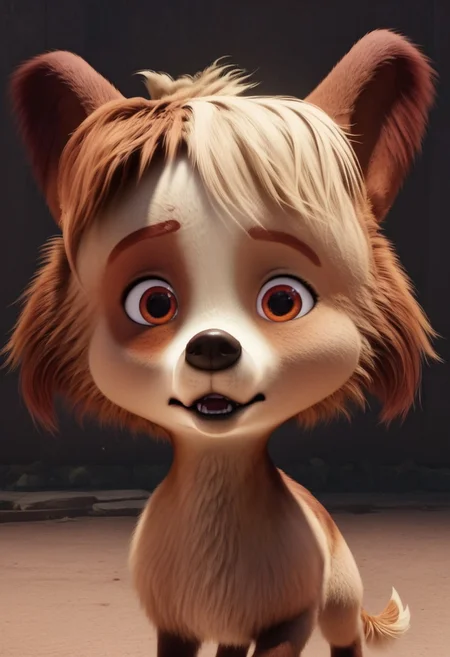 batty, 1girl, female dog, feral, small dog, tri-colored fur, golden tan with a lighter face and belly, one patch over each eye of a darker tan, brown ears, amber eyes, brown and blond hair, brown paws, golden tail, big head, easynegative, score_8_up, score_7_up, BREAK, 1girl, solo, close-up, portrait, shocked, looking at viewer, detailed background, 4k, masterpiece, best quality, highly detailed, 3d, realistic,