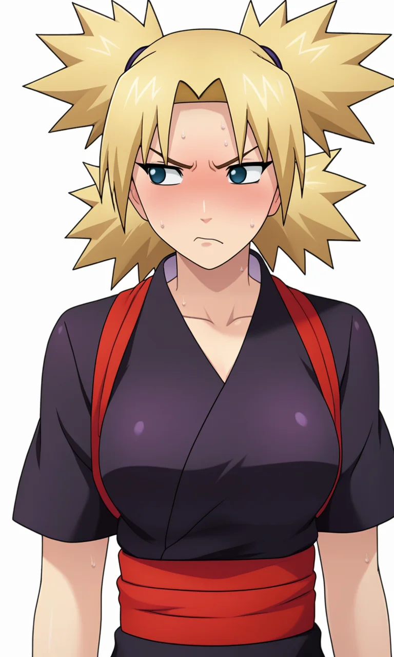 game cg,
upper body, 
BREAK
tmrshippuden, 1girl, solo, looking to the side, quad tails,  no pupils, parted bangs,
black kimono, red sash,  short sleeves,breasts,,
blush, sweat,  disgust,
simple background, white background,
<lora:Naruto_TemariShippuden_PXL-000018:1>