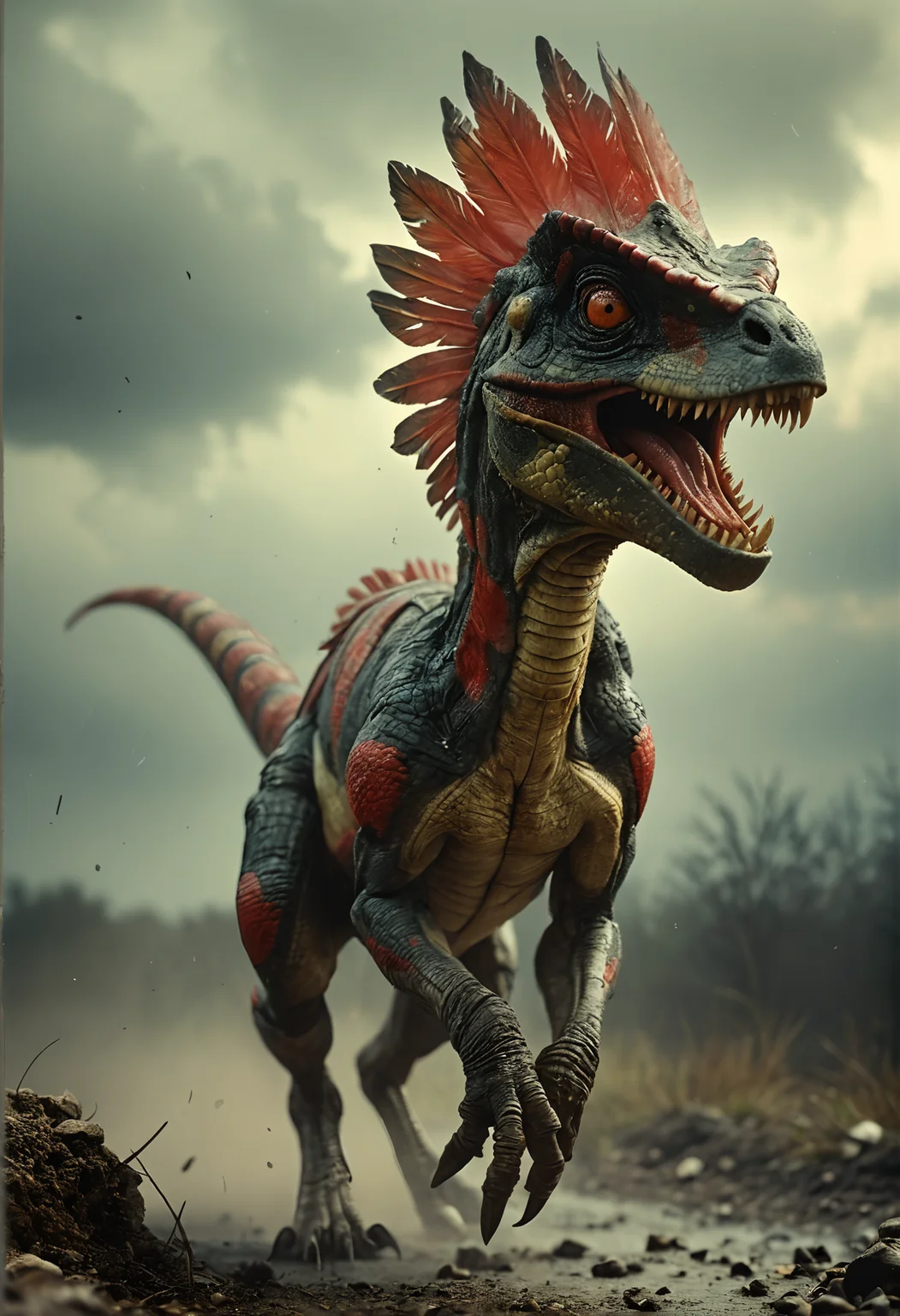 photography of attacking Dilophosaurus runs to the camera ,close up, the run is cinematic, after the rains, grey clouds, sun piercing the clouds, feathers,realistic,vignette,red and white,Alex Howitt,<lora:DD-sli-v1:0.2> <lora:add-detail-xl:1> <lora:Vintage_Street_Photo:0.4>