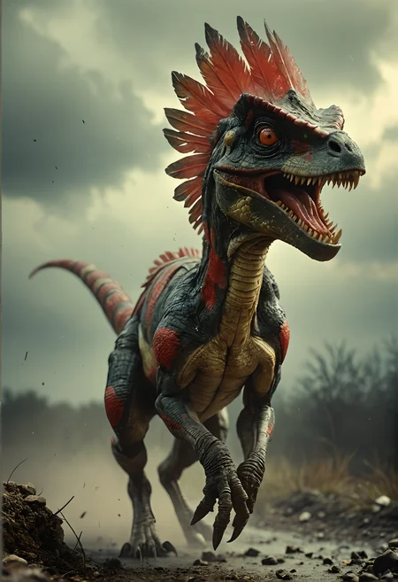 photography of attacking Dilophosaurus runs to the camera ,close up, the run is cinematic, after the rains, grey clouds, sun piercing the clouds, feathers,realistic,vignette,red and white,Alex Howitt,<lora:DD-sli-v1:0.2> <lora:add-detail-xl:1> <lora:Vintage_Street_Photo:0.4>