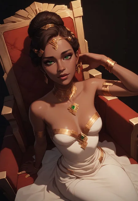 score_9, score_8_up, score_7_up, score_6_up, masterpiece,best quality, highly detailed, in the palace, MelMedarda, dark-skinned woman, green eyes, gold jewelry, choker, makeup, hair bun, earrings, golden nail polish, dynamic sexy pose, on couch, white dress, gold heels, cleavage, plastic small breasts, sitting on a royal throne, joyful look on face, looking at viewer, very sexy, very cute, shiny skin, realistic, various angle, Expressiveh,