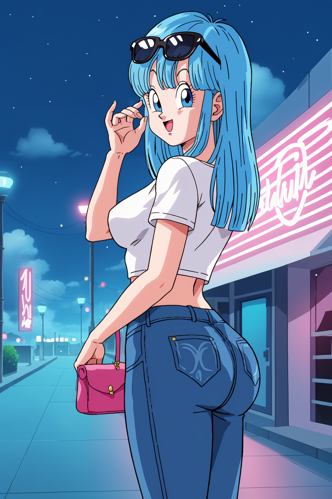 source_anime, score_9, score_8_up, score_7_up, high quality, 8k, absurdres, official style,
anime screencap, masterpiece, best quality, amazing quality, very aesthetic, absurdres, newest, (scenery, volumetric lighting), official style, maron, official style, 1girl, solo, long hair, medium breasts, looking at viewer, smile, blue hair, bangs, blue eyes, jeans, white shirt, midriff, handbag, cowboy shot, sunglasses, ass, from side, looking at viewer, adjusting eyewear, looking at viewer, cityscape, walking, street, night, shop, neon, holding phone, blue hue, small breasts, dark sky, cloud, blurry background, open mouth, smile, neon lights, dappled moonlight, light particles,
 <lora:Maron_Pony:0.8>