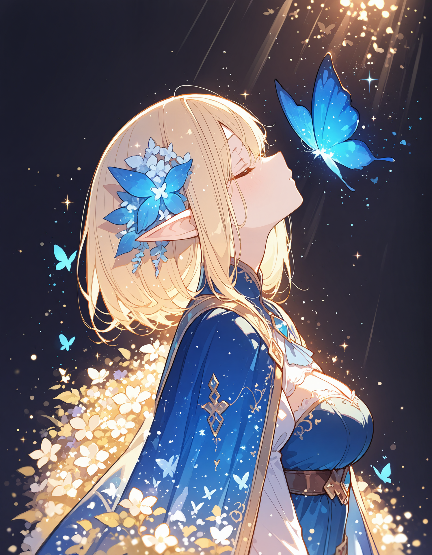 masterpiece,  best quality, newest, highres, absurdres,   <lora:Bright_style:1>,Bright_illu, 1girl, butterfly, pointy ears, bug, blonde hair, closed eyes, hair ornament, solo, flower, from side, upper body, blue butterfly, elf, breasts, profile, bangs, black background, medium breasts, cape,sparkle,too many light particles, light rays,