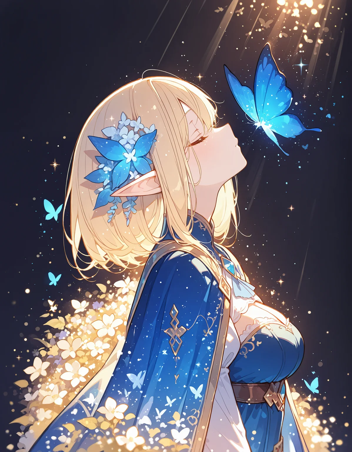 masterpiece, best quality, newest, highres, absurdres, <lora:Bright_style:1>,Bright_illu, 1girl, butterfly, pointy ears, bug, blonde hair, closed eyes, hair ornament, solo, flower, from side, upper body, blue butterfly, elf, breasts, profile, bangs, black background, medium breasts, cape,sparkle,too many light particles, light rays,