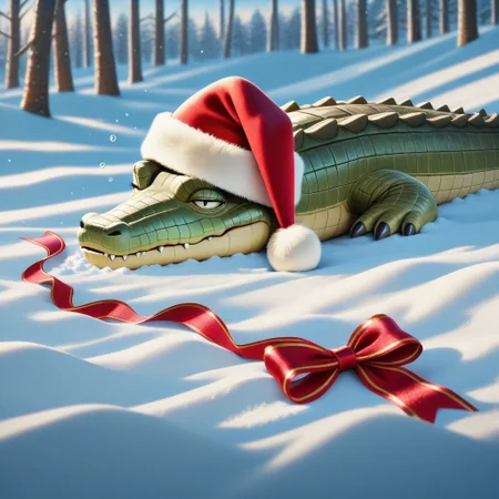 animal christmas, christmas theme,
animal focus, no humans,
crocodile, sleepy, snow, outdoors, christmas hat, ribbon,
masterpiece, best quality, absurdres