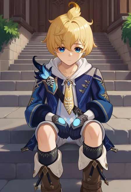 score_9, score_7_up, source_anime
mika, 1boy, male focus, solo, blue eyes, blonde hair, short hair, bangs, hair between eyes, ahoge, short ponytail, jewelry, earrings, hoodie, white hoodie, hood, necktie, yellow necktie, jacket, blue jacket, long sleeves, open jacket, open clothes, belt, gloves, blue gloves, vision (genshin impact), shorts, grey shorts, socks, black socks, boots, brown footwear,
outdoor, stairs, sitting,