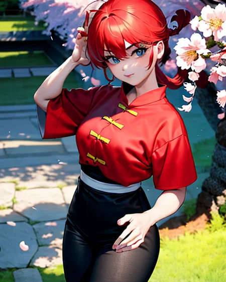 best quality, masterpiece,1girl, mizu,(medium breasts), <lora:ranma_v1_1:0.8>, ,cowboy_shot,chinese clothes, black pants, (red hair), official style, with cherry blossoms and a japanese garden in the background, hands free