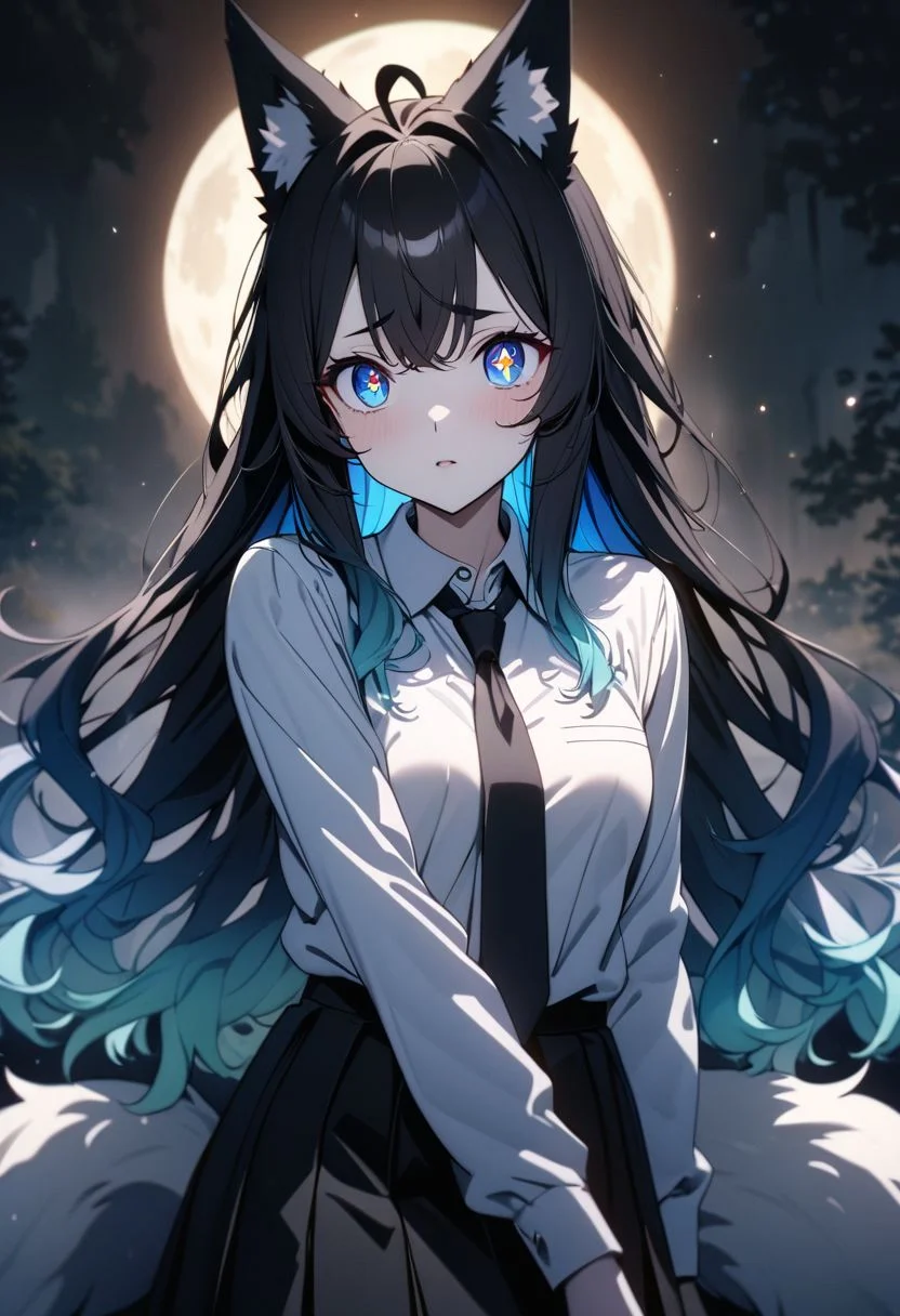 gorgeous lips, cinematic, (masterpiece), (best quality), (ultra-detailed), very aesthetic, illustration, perfect composition, intricate details, absurdres, detailed face, (anime, masterpiece, intricate:1.3), (best quality, hires textures, high detail:1.2), (4k),(incredibly detailed:1.4)
(detailed light), thin eyebrows, masterpiece, big fox ears, (((blue inside hair))), shiny hair, (black_hair :1.7), (dark_blue_hair :1.2), (gradient hair :1.5), blue flower hair ornament, ahoge, (((long hair))), shy, black and white, straight black fox ears, fluffy fox ears, big pointed fox ears, black fox ears with white inside, pastel dark blue eyes, dark blue eyes, ((white tips)), ((black tails)), short, petite, pale skin, small chest, detailed lighting, detailed eyes, detailed lighting, detailed eyes, detailed fabric, detailed skin, beautiful eyes, sun light particles
full moon, night, sparkling eyes looking up to the moon, shocked, plain white buttoned shirt, black pleated skirt, black neck tie, cowboy shot, remote shot, arms resting on the side ,mksks,NEON COLOR, LOFI COLOR