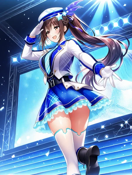 perfect quality,best quality,absolutely eye-catching,ambient occlusion,raytracing BREAK
1girl,<lora:hanayome IL v1.1_1:0.8>,utahosi,brown hair,ponytail,hat,hair ornament,idol,long sleeves,belt,miniskirt,lace trim,white thighhighs,black boots,stage,stage lights,light particles,solo,from below,salute,