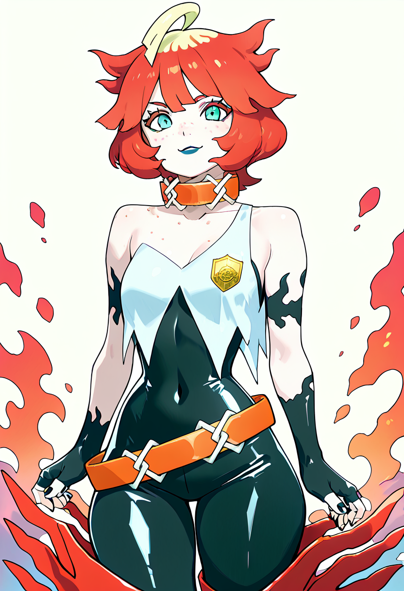 masterpiece, best quality, 1girl, solo, looking at viewer, smile,   zzMela, green eyes, ahoge, freckles, red hair, multicolored hair, two-tone hair, short hair, black gloves, collar, fingerless gloves, bare shoulders, black bodysuit, nail polish, collarbone, wide hips,  , <lora:MelaPokemon_IXL_v3:1.0>, , smile, looking at viewer, cowboy shot,  <lora:IckpotIXL_v1:1.0>,