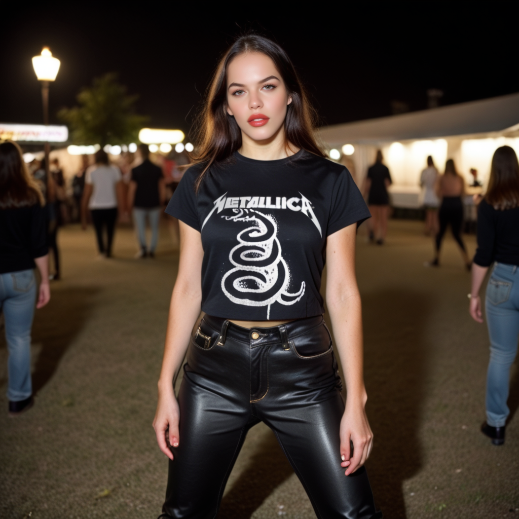 wearing a Metallica t-shirt, metallica logo, metallica_coffin design, she has black jeans, boots, she is at a night party, ultra quality, ultra detailed, 8k ,  kxkx <lora:Rock__Metal_T-shirts_Metallica_-_Black_-_Pony_:0.9> metallica_black, mtbl