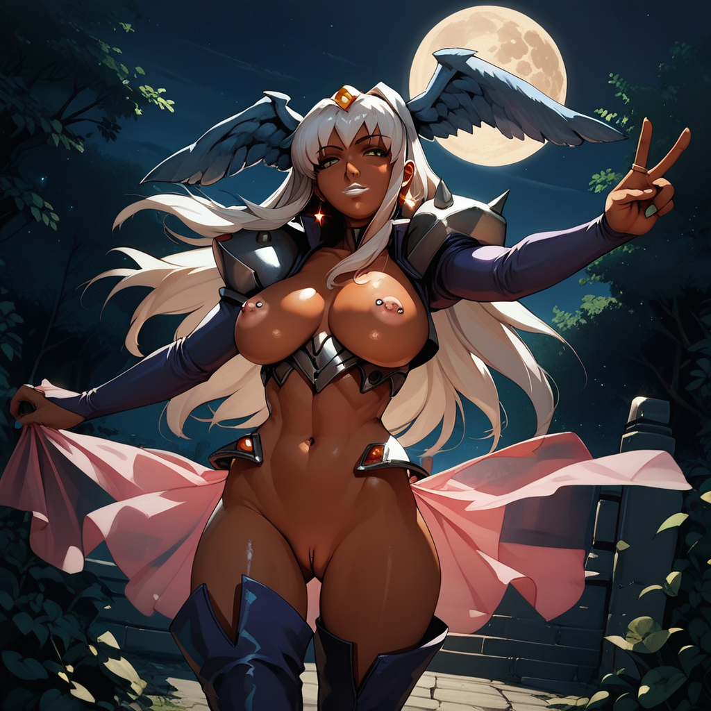 retro_artstyle, 4ng3lBl4de_styl3, 2000s_(style), score_9, score_8_up, score_7_up, score_6_up, uncensored, BREAK, Nailkaiser is showing V sign, outstretched arm, cowboy shot, dark-skinned female, 1girl, looking at viewer, seductive smile, half-closed eyes, white hair, long hair, head wings, white lipstick, green eyes, earrings, crop top, naked armor, bridal gauntlets, pink see-through, thigh boots, large breasts, nipple piercing, pussy, light areola, nipples, outdoors, full moon, night sky, complex background,