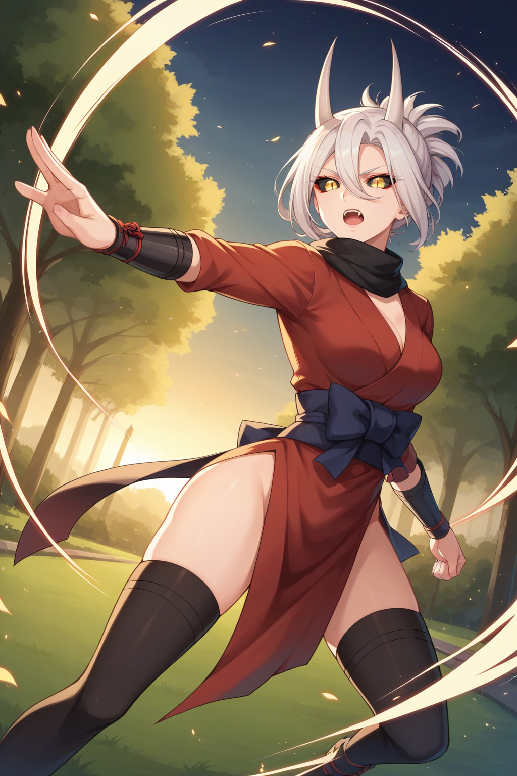 score_9, score_8_up, score_7_up, source_anime, 1girl, prefect lighting, very aesthetic, intricate details, highly detailed background, masterpiece, high quality, prefect hands, best quality, solo,
<lora:Oni_girl_Nekono_Oyashiro_V1:.75>, KJOoni, white hair, demon horns, fangs, yellow eyes, yellow slit pupils, tied hair, hair between eyes, black sclera, colored sclera, sidelocks, 
ninja outfit, long sleeves, wrist guards, side slit, thighhighs, scarf,
high kick, action pose, open mouth, serious, dutch angle,
park, grass, trees, night, nighttime,
(Beautiful, medium Breasts:1.2), natural breasts,