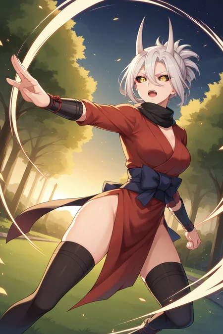 score_9, score_8_up, score_7_up, source_anime, 1girl, prefect lighting, very aesthetic, intricate details, highly detailed background, masterpiece, high quality, prefect hands, best quality, solo,
<lora:Oni_girl_Nekono_Oyashiro_V1:.75>, KJOoni, white hair, demon horns, fangs, yellow eyes, yellow slit pupils, tied hair, hair between eyes, black sclera, colored sclera, sidelocks,
ninja outfit, long sleeves, wrist guards, side slit, thighhighs, scarf,
high kick, action pose, open mouth, serious, dutch angle,
park, grass, trees, night, nighttime,
(Beautiful, medium Breasts:1.2), natural breasts,