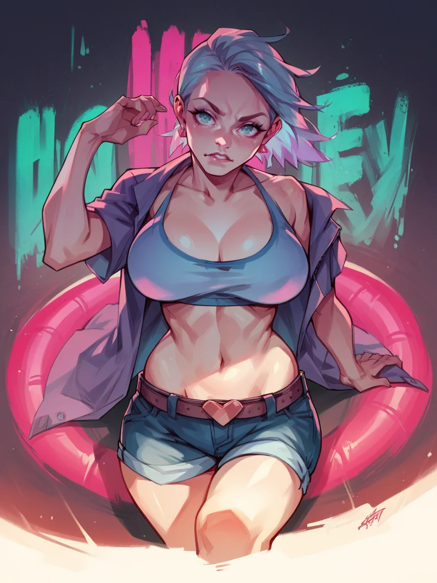 score_9, score_8_up, score_7_up, score_6_up, score_5_up, score_4_up, <lora:T0n1XLP:0.9> T0n1, 1girl, colorful, blue, neon, large breasts,