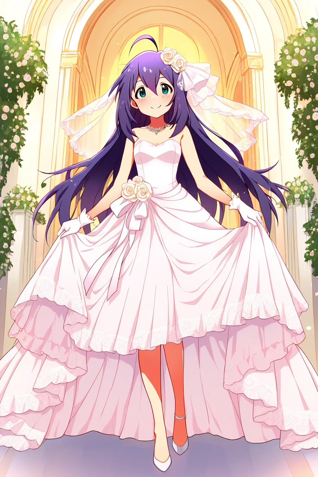 masterpiece,best quality,very aesthetic,absurdres,highres,newest,official art,official style,
1girl,solo,
mochizuki anna,purple hair,green eyes,ahoge,
wedding dress,wedding band,white dress,white gloves,
<lora:eye_focus_illus:1>,eye_focus,
standing,full body,
<lora:idolmaster_mochizuki_anna_ill_v1.0:1>,