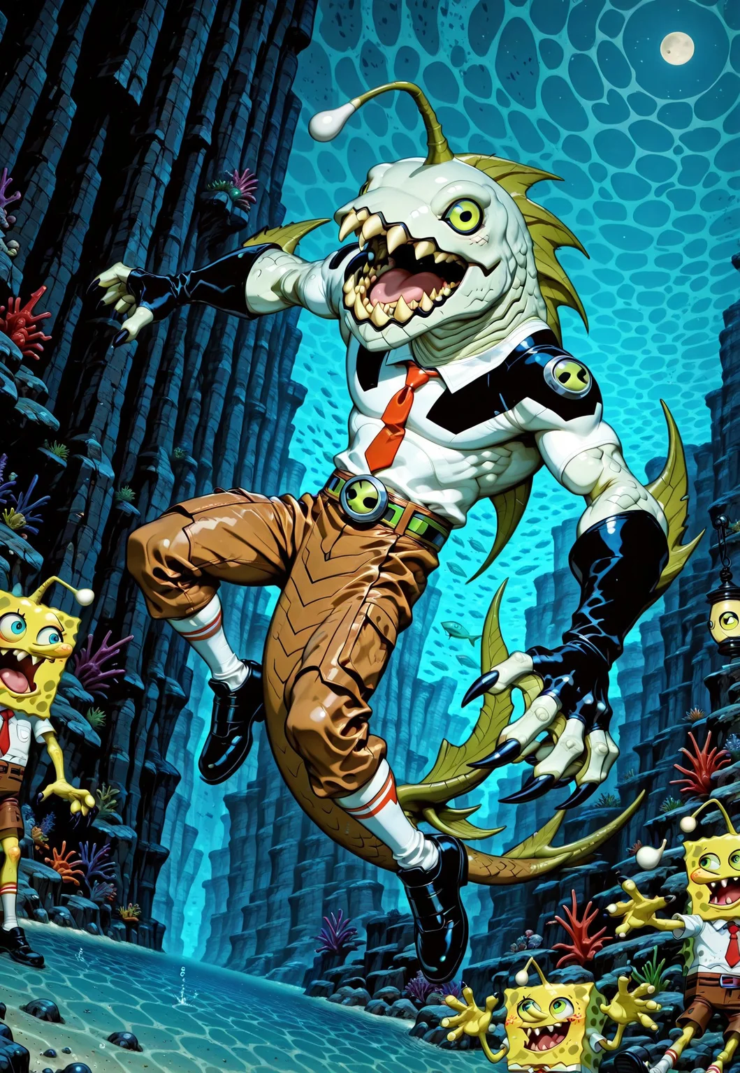 ((1man)), ((Char1)), ([(((ripjawsov, sharp teeth, teeth, colored skin, monster, pale skin, angler fish lure, green eyes, small eyes, monster boy, claws, digimon (creature), fins, square jaw)))]), ((little open mouth, long tongue)), BREAK, ((detailed fish scaled)), ((sharp fangs)), ((white blowing eyes)), ((white blowing Anglerfish Lure lantern)), BREAK, ((dynamic action poses, from narrow, dynamic angle, dynamic close up view)), BREAK, fish tail, swim underwater, night time, deep dark water, in deep underwater background,  BREAK, (cartoon), ((holds a Spongebob Squarepants in his right hand)), ((size difference)), BREAK, 
((Char2)), ((2d, Spongebob Squarepants, blue eyes, colored skin, yellow skin, buck teeth, brown pants, red tie, white shirt, striped white socks, black shoes)), BREAK, 
HDR, 8k, high contrast, masterpiece, best quality, amazing quality, very aesthetic, high resolution, ultra-detailed, absurdres, perfect lighting, volumetric lighting, dramatic shadows, cinematic lighting, horror lightening, (sharp image), safe, scenery, (perfect anatomy, perfect hand anatomy, perfect face anatomy, perfect eye anatomy, perfect mouth anatomy), perfect lighting, (sharp image), perfect anatomy, Focus face, (sharp focus), 
ILXLpos, M4gicalL1nes, 