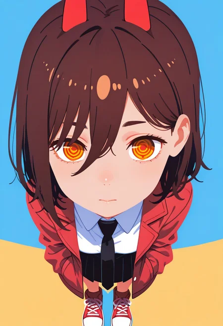 score_9, score_8_up, score_7_up, score_6_up, masterpiece, best quality, newest, absurdres, highres, traditional media, 1girl, black necktie, necktie, solo, medium hair, brown eyes, shirt, jacket, white shirt, skirt, red footwear, collared shirt, shoes, brown hair, blue background, simple background, power \(chainsaw man\), hands in pockets, facing viewer, looking at viewer, ringed eyes, leaning forward, close-up, red jacket, from above, upturned eyes, close-up,portrait, eye focus, Colorful themes,High Saturation, haiz_ai, no lineart,no outline,ayase momo