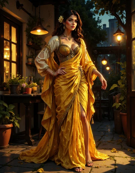 Beautifully detailed and serene realistic full-length portrait.
An beautiful women wearing Dark yellow embellished striped satin saree with fringed sleeves corset neckline cotton blouse,wearing matching sandals in a a relaxed patio, with casual seating, comfortable decor, soft lighting, and a laid-back atmosphere at dusk.
detailed face, detailed eyes, Full body visible, Detailed Dress, Detailed background, Hand on Hip Stand (Standing with one hand on the hip, the other arm relaxed at the side, weight shifted to one leg.) .
<lora:fluxenhancer:0.8> fluxenhancer <lora:dreadmirth-style-art:0.8> dreadmirthart <lora:FSF-Real-Babes:0.8> <lora:Vibrantly_Sharp_style_v.5:0.8> <lora:Anime Art V3:1> Anime art