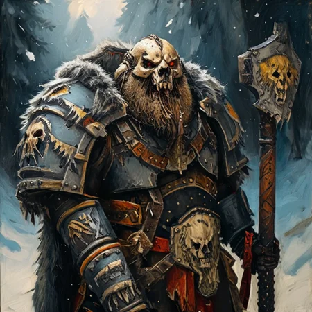 Space wolf warrior, wolf priest, chaplain, skull helmet, wolf skull helmet, wolf skull has a long snout that extends to the helmet mouth vent, the skull has fangs and glowing eyes, warrior with beard is in winter landscape, he is a werewolf space marine,  he as heavy scars, he has his huge runic hammer in his hands, portrait style, viking, norse, beard, clad in ripped furs and pieces of old worn space wolf armor, Black over black, top light, masterful painting in the style of Anders Zorn | Marco Mazzoni | Yuri Ivanovich, Todd McFarlane, oil on canvas
<lora:add-detail-xl:1> <lora:MJ52:0.5>