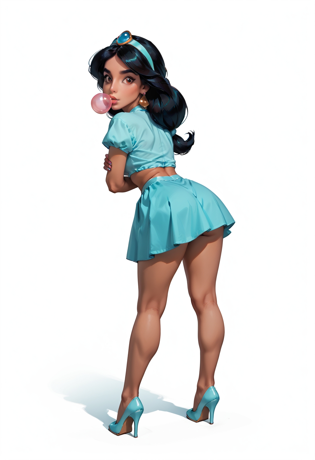 445l34z3, <lora:princess_rc_pony_v2:.7> Princess Jasmine (petite:0.9) 23 year-old, simple background,ass<lora:IndesleazeAAmerger:0.85> bubblegum, skirt, thong, bent over, ((score_9), score_8_up, score_7_up),score_6_up,score_4_up,score_5_up