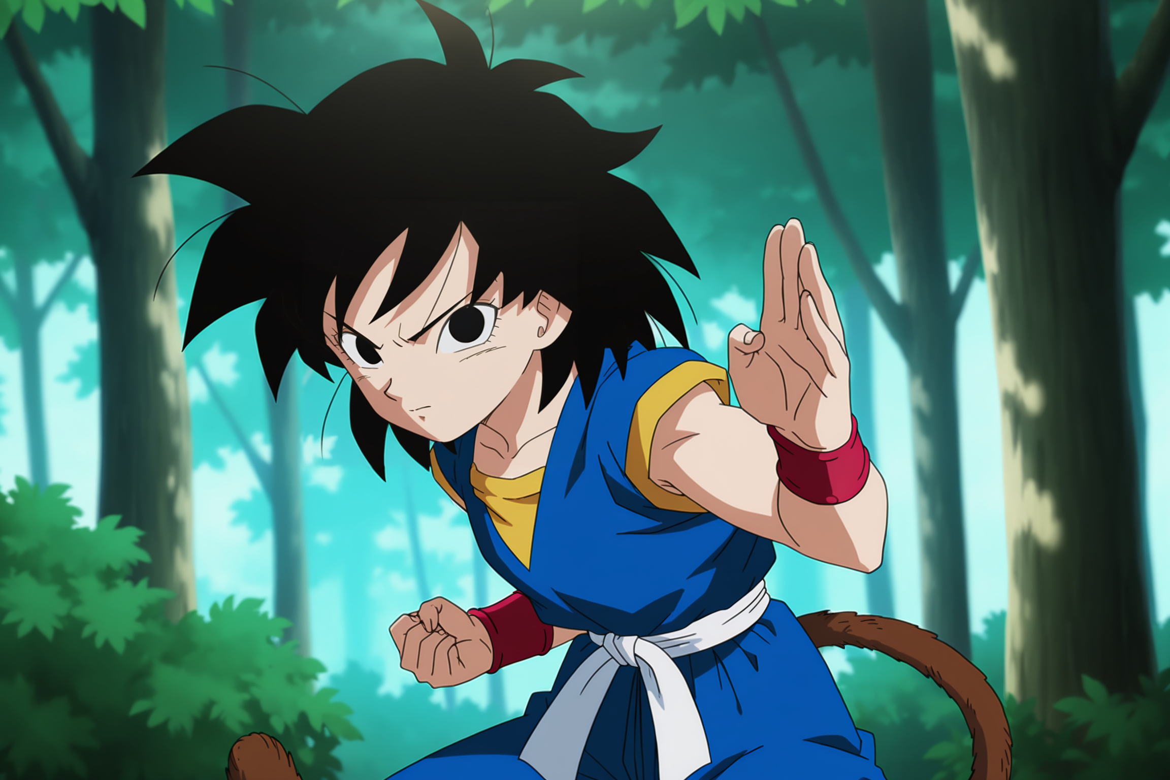 anime screencap, absurdres, high quality, official style, 
gine, black hair, medium hair, spiked hair, black eyes, monkey tail
kid goku outfit, red wristband, (blue topwear), (white belt), dougi, blue bottomwear,
fighting stance, outdoors, nature, tree, dappled sunlight, cowboy shot, looking at viewer, v-shaped eyebrows, 
 <lora:Gine_IL:0.8>