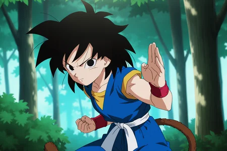 anime screencap, absurdres, high quality, official style,
gine, black hair, medium hair, spiked hair, black eyes, monkey tail
kid goku outfit, red wristband, (blue topwear), (white belt), dougi, blue bottomwear,
fighting stance, outdoors, nature, tree, dappled sunlight, cowboy shot, looking at viewer, v-shaped eyebrows,
<lora:Gine_IL:0.8>