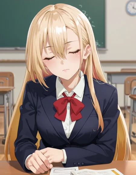 score_9, score_8_up, score_7_up, source_anime, BREAK
1girl, solo, sleeping on table, head tilt, blurry background, classroom,
primula mallow (around 40 otoko no isekai tsuuhan), long hair, blonde hair, gradient hair, hair between eyes, closed eyes,
school uniform, shirt, skirt black blazer, long sleeves, collared shirt, red bowtie, jcf,
<lora:primula_mallow-around_40_otoko_no_isekai_tsuuhan-pxl-anime-soralz:1> <lora:school uniform_Pony_V1.0:1>