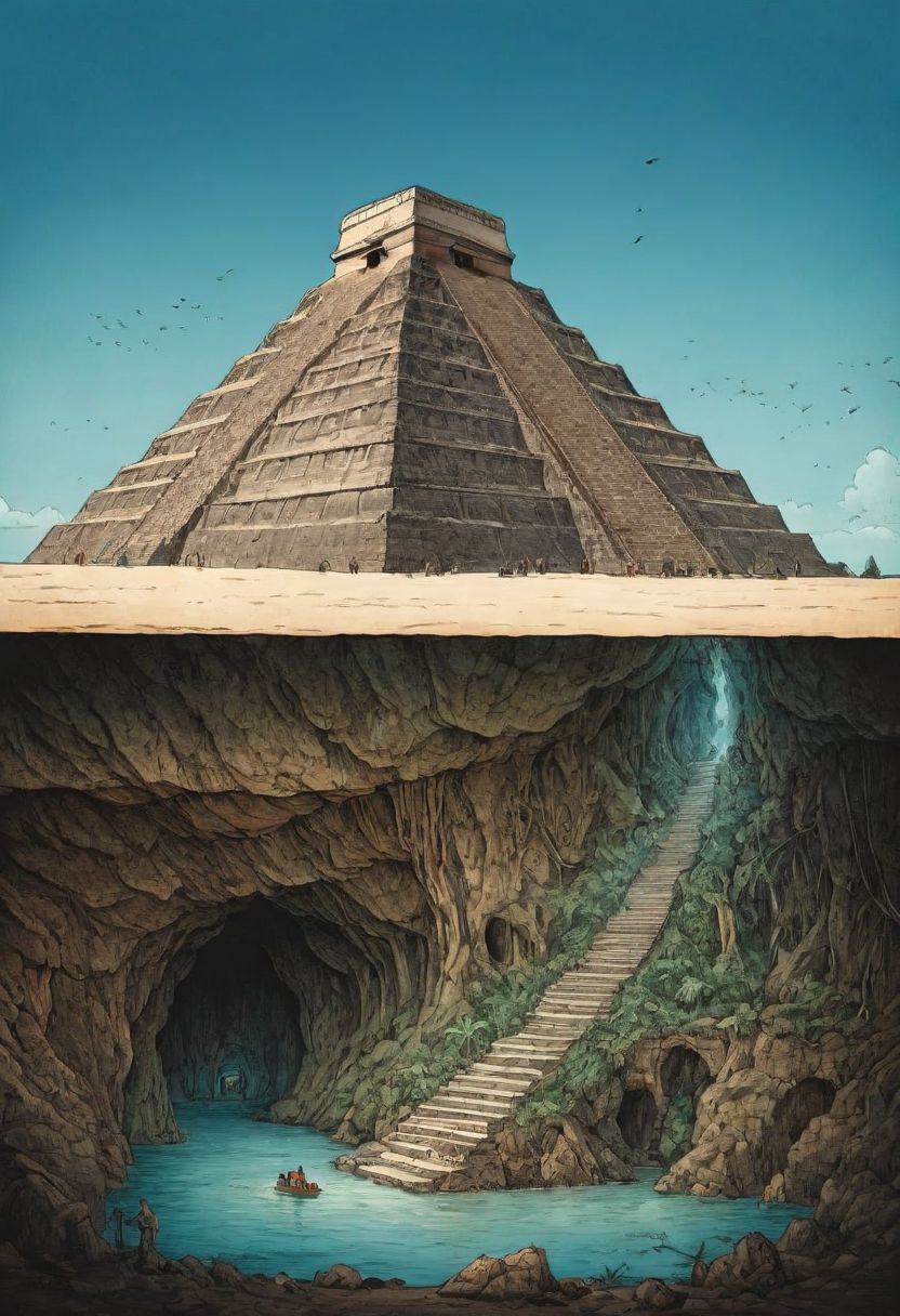 Anime Sketch By herg, thick lines, monkey Island, Cross-section of a sunny palm island with an inca pyramid above, Side View, Blue Sky,  roots from the palm tree growing into the Underground, beneath a a cave with a flying saucer and a sacrificial site in the deep-sea underground, bloodstained and ancient, aztec Pyramid, atmospheric haze, Film grain, cinematic film still, shallow depth of field, highly detailed, high budget, cinemascope, moody, epic, OverallDetail, gorgeous, 2000s vintage RAW photo, photorealistic, candid camera, color graded cinematic, eye catchlights, atmospheric lighting, skin pores, imperfections, natural, shallow dof,.