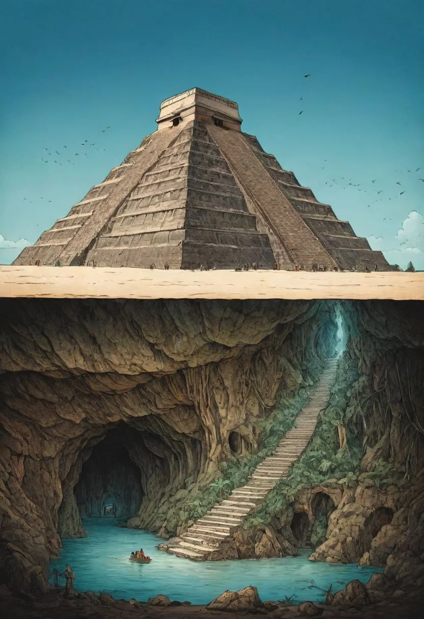 Anime Sketch By herg, thick lines, monkey Island, Cross-section of a sunny palm island with an inca pyramid above, Side View, Blue Sky, roots from the palm tree growing into the Underground, beneath a a cave with a flying saucer and a sacrificial site in the deep-sea underground, bloodstained and ancient, aztec Pyramid, atmospheric haze, Film grain, cinematic film still, shallow depth of field, highly detailed, high budget, cinemascope, moody, epic, OverallDetail, gorgeous, 2000s vintage RAW photo, photorealistic, candid camera, color graded cinematic, eye catchlights, atmospheric lighting, skin pores, imperfections, natural, shallow dof,.