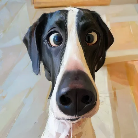 a fisheye view of black and white dog, strongly elongated muzzle, big nose, expressive eyes, (photorealistic:1.2), albeniz rodriguez style <lora:albeniz-rodriguez-style:1>