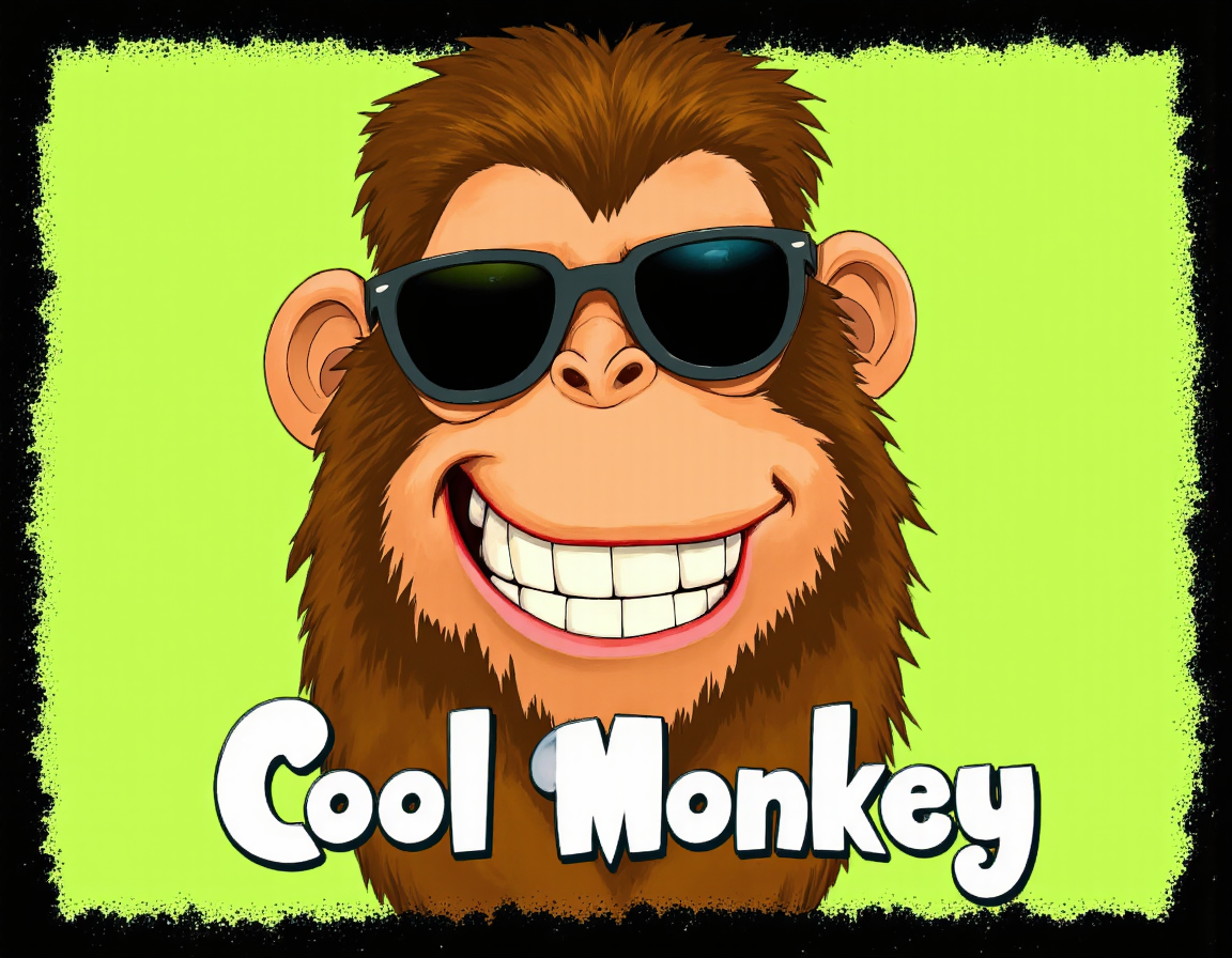 <lora:{cartoonvibes, }cartoonvibes-000019:0.85> cartoonvibes, A hyperrealistic yet cartoony stylized portrait of a cartoon monkey with brown fur, sporting trendy sunglasses and a wide, cheerful smile, set against a bright, light green background. The monkey's fur is meticulously detailed with individual strands, while its facial features are exaggerated for a comical effect, complete with a slight wrinkle on the nose and a hint of mischief in its eyes. The sunglasses are sleek and black, with brightly colored frames that add to the monkey's cool demeanor. The background is a flat, solid light green, providing a clean and simple contrast to the intricate details of the monkey. The image is framed by a textured, spiky border that adds a dynamic, playful touch. Below the monkey, in bold, childlike letters, the text "Cool Monkey" is written in a fun, cursive font, with each letter slightly overlapping the next to create a sense of movement and energy. The overall style is a blend of realistic textures and cartoony simplicity, with flat colors and bold lines that give the image a vibrant, eye-catching quality. The shot is a close-up, focusing on the monkey's face and expression, with a shallow depth of field that softly blurs the background and emphasizes the subject's features. The image features a mix of smooth, hyperrealistic rendering and deliberate, stylized imperfections, such as subtle texture overlays and slight color gradations, to create a unique, captivating visual effect. . 35mm photograph, film, bokeh, professional, 4k, highly detailed