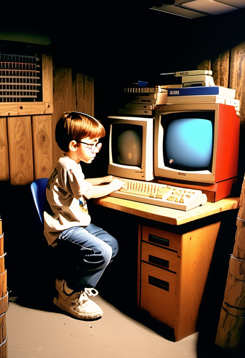 a 1990s nerd boy playing on his IBM compatible PC in his wood panel basement   <lora:Everly Heights TaleSpinner XL:.75> <lora:Everly_Heights_TaleSpinner_Pony_XL:.75>