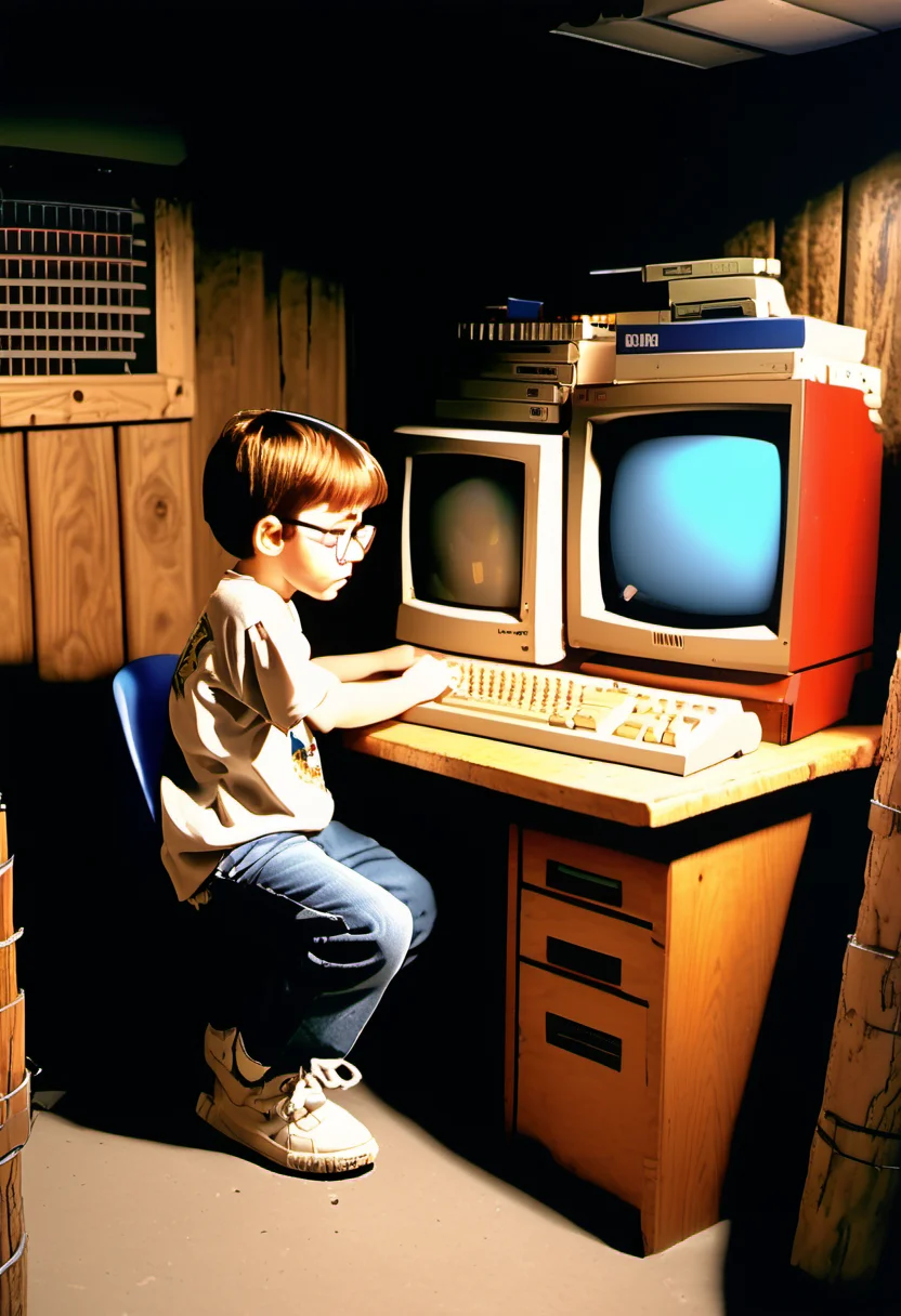 a 1990s nerd boy playing on his IBM compatible PC in his wood panel basement   <lora:Everly Heights TaleSpinner XL:.75> <lora:Everly_Heights_TaleSpinner_Pony_XL:.75>