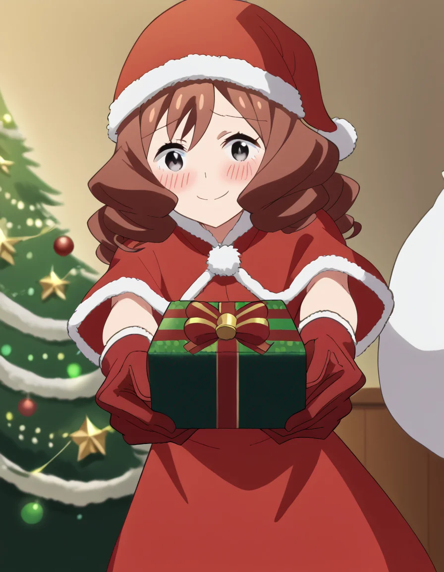 score_9, score_8_up, score_7_up, source_anime, <lora:kazuko-hosogawa-s1-ponyxl-lora-nochekaiser:1>, kazuko hosogawa, brown hair, grey eyes, drill hair, medium breasts, anime screencap, <lora:santa-costume-ponyxl-lora-nochekaiser:1>, santa costume, santa hat, christmas, sack, merry christmas, gift, fur-trimmed headwear, holding sack, santa dress, fur-trimmed dress, christmas tree, christmas tree, fur trim, red capelet, gift box, red gloves, fur-trimmed capelet, santa gloves, red hat, hat,, smile, blush, looking at viewer, <lora:incoming-gift-ponyxl-lora-nochekaiser:1>, incoming gift, outstretched arms, holding, holding gift, gift, gift box,, , dutch angle, cowboy shot