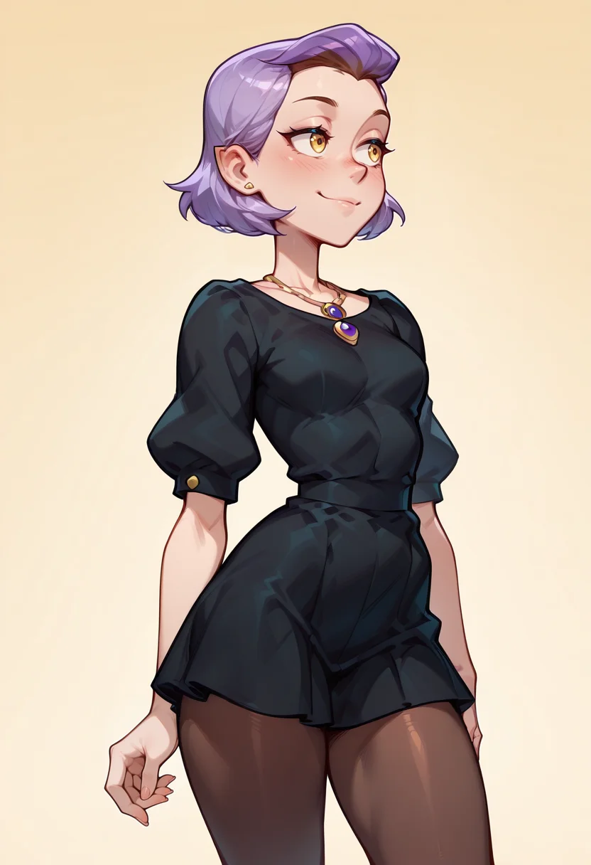 masterpiece, best quality, very aesthetic, absurdres, simple background,
BREAK 1 girl, solo, adult, AmityOH, short hair, purple hair, yellow eyes, pointy ears, earrings, black dress, necklace, brown pantyhose,
BREAK good hand, <lora:Amity_Blight__Illustrioous:1> , <lora:AKinuNishimura_Style:1>