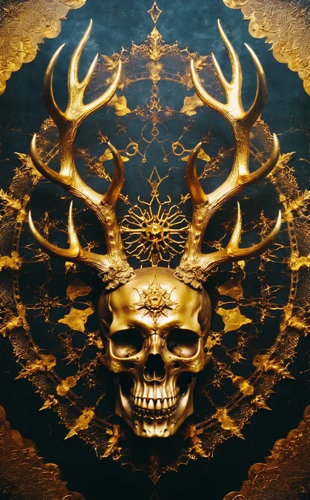 film photography aesthetic,Majestic skull adorned with golden antlers, intricate mandala motif background, bronze and golden hues, high-contrast lighting, intricate texture details, symbolically rich, horned figure suggesting mythological or occult themes, antique aesthetic, potentially depicting a deity or mythical creature, evokes feelings of ancient rituals or dark folklore.,Vibrant,whimsical