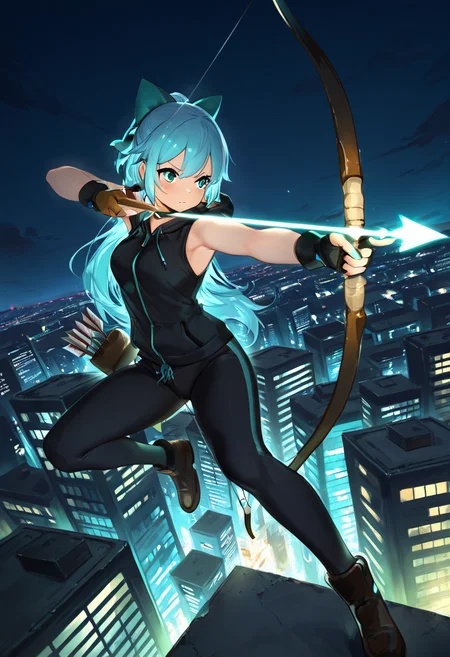 masterpiece, best quality, zzArrow, zzAtU, sleeveless hoodie, bow and arrow, city rooftop, aiming, neon lights, night sky, turquoise eyes, focused expression, blue hair, urban setting, full body, cityscape, determined pose, dynamic, action shot ,(dynamic pose, foreshortening), ,<lora:ZZArrow_IXL:1.0>,