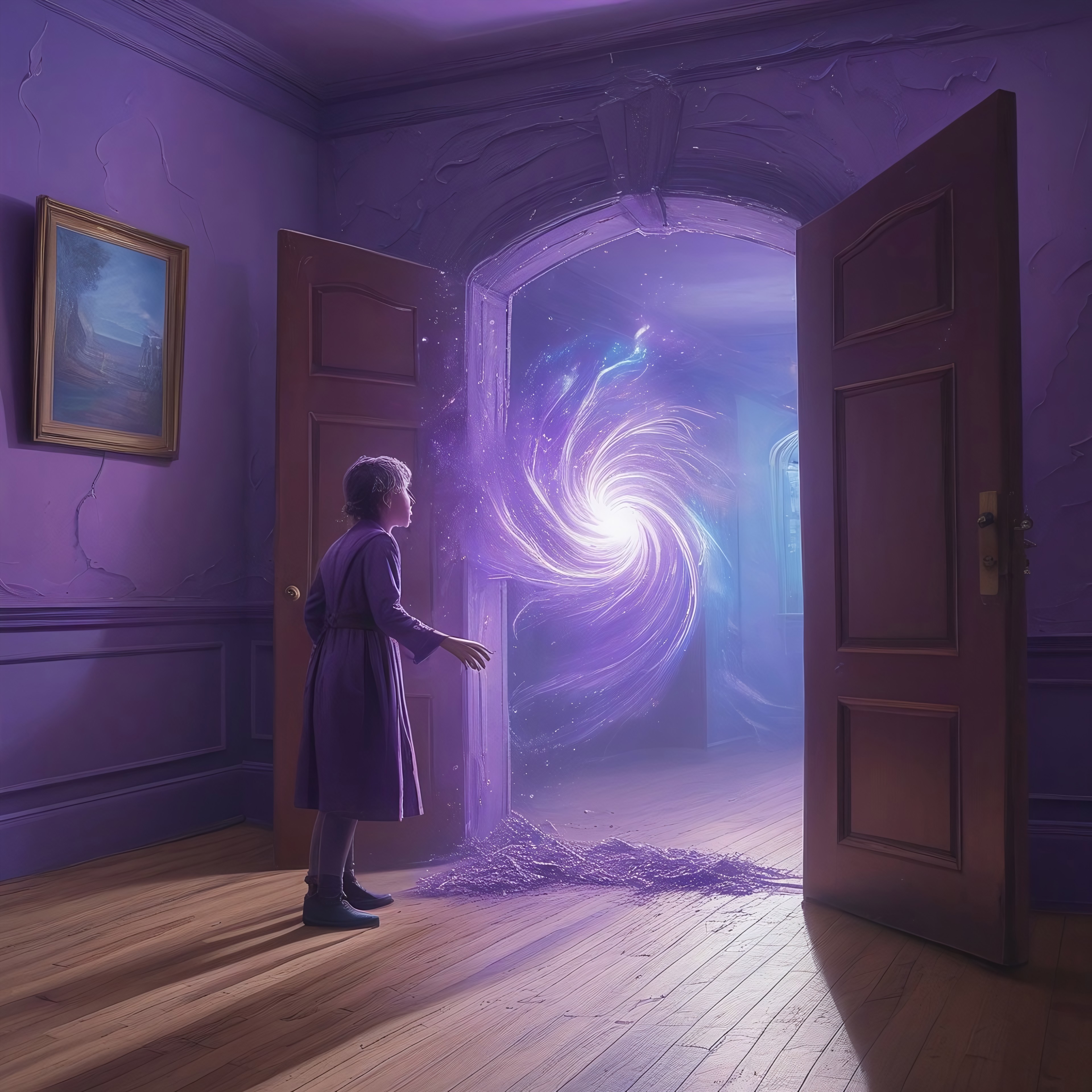 living room, doorway, hand, arm, reaching, arm out of frame, cropped, portal, swirling, wind, papers, dust, dirt, open door, one tentacle, tendrils, horror theme, purple, blue glow, 