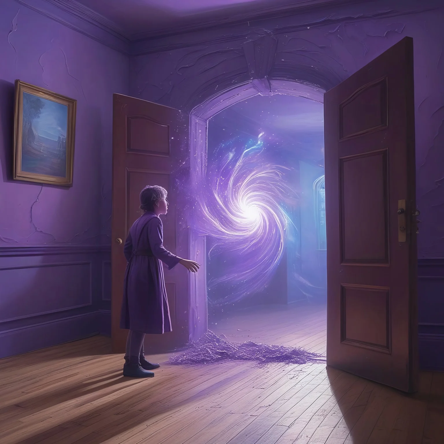 living room, doorway, hand, arm, reaching, arm out of frame, cropped, portal, swirling, wind, papers, dust, dirt, open door, one tentacle, tendrils, horror theme, purple, blue glow, 