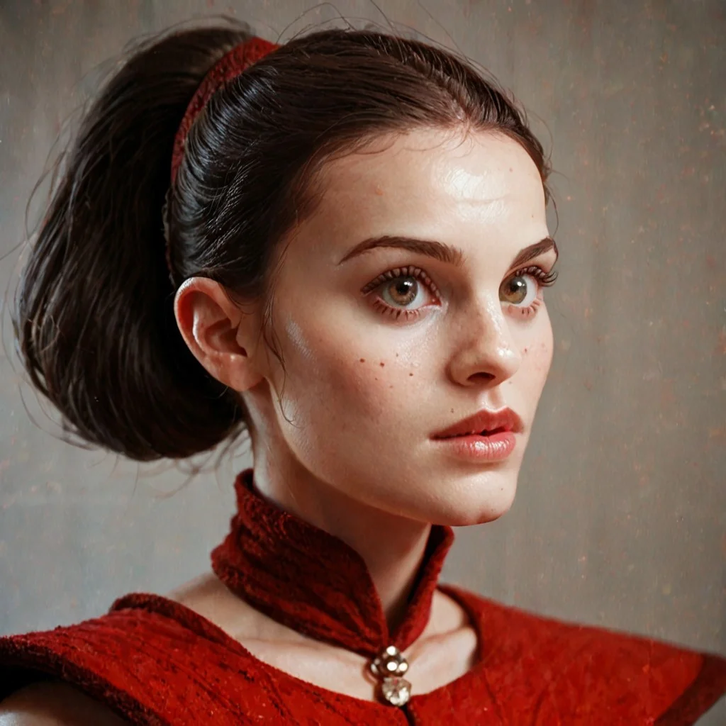 score_9, score_8_up, score_7_up, score_6_up, Padmé Amidala, Red dress, brown hair, ponytail